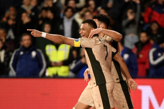 Celebration Kylian MBAPPE (PSG) Montpellier Herault SC vs. Paris Saint Germain pour la J26 de la Ligue 1 Uber Eats au St