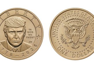 В США будет выпущена золотая монета номиналом 1 доллар с изображением Трампа